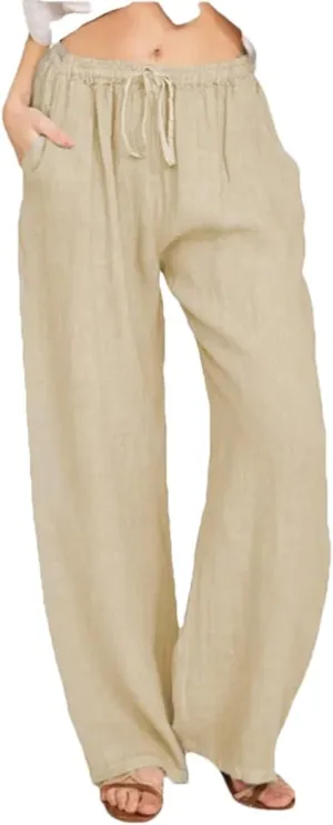 Women Loose Solid Color High Elastic Waist Pocket Pants Drawstring Full Length Wide Leg Straight Trousers