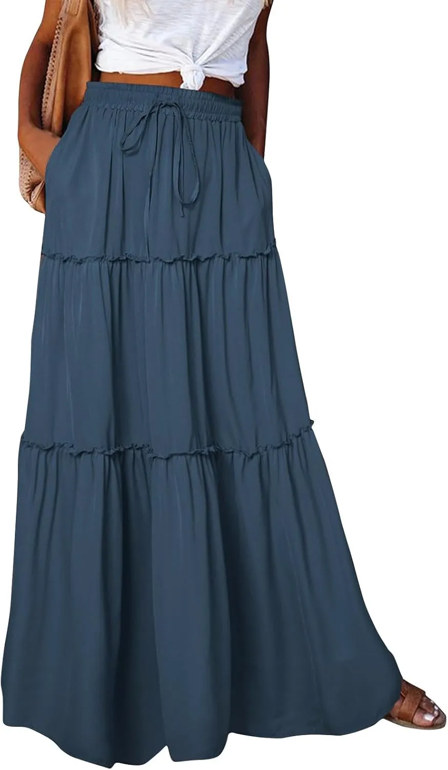 Women Maxi Skirt Casual High Waisted A Line Flowy Long Skirts Pleated Ruffle Tiered Boho Beach Skirts with Pockets