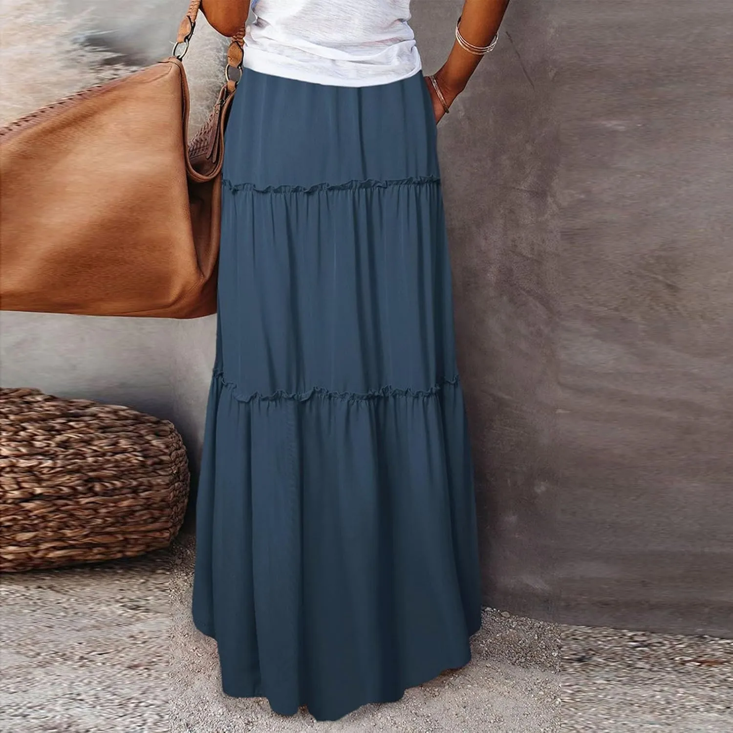Women Maxi Skirt Casual High Waisted A Line Flowy Long Skirts Pleated Ruffle Tiered Boho Beach Skirts with Pockets