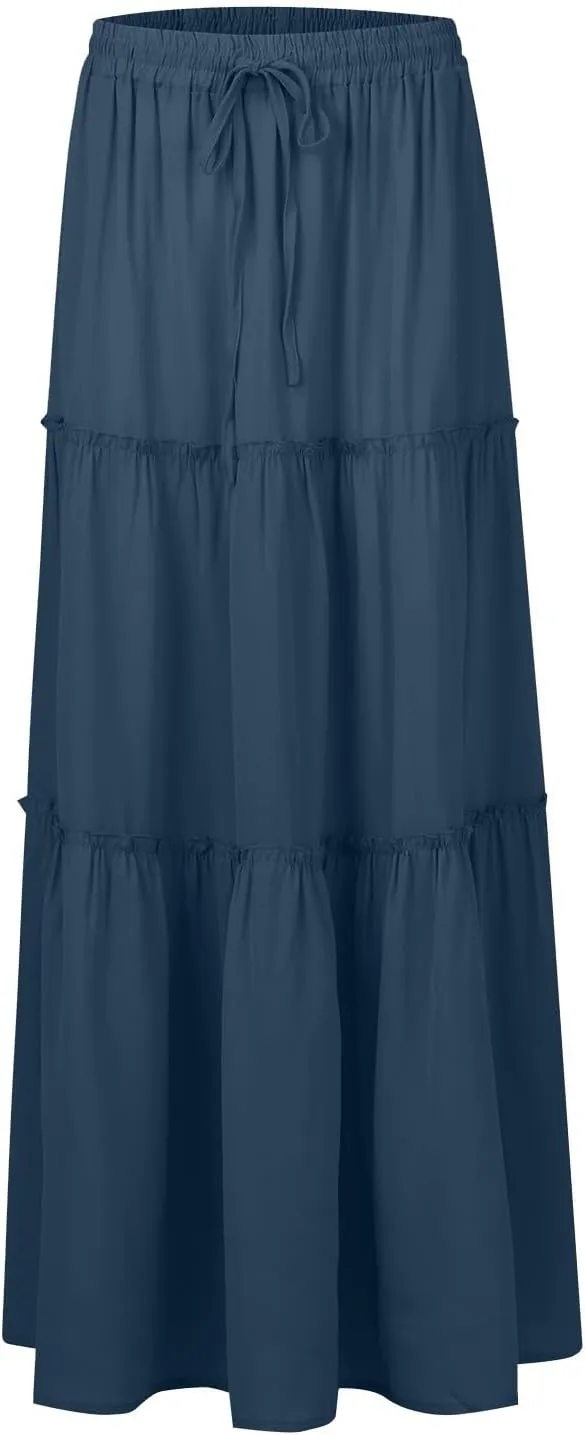 Women Maxi Skirt Casual High Waisted A Line Flowy Long Skirts Pleated Ruffle Tiered Boho Beach Skirts with Pockets
