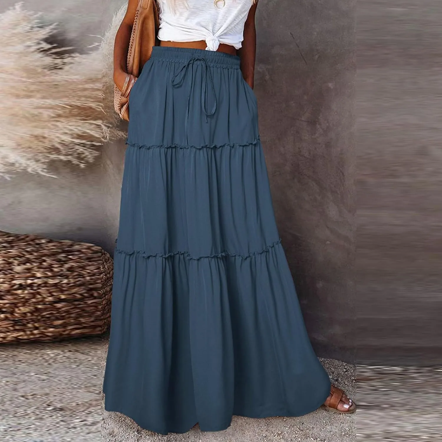 Women Maxi Skirt Casual High Waisted A Line Flowy Long Skirts Pleated Ruffle Tiered Boho Beach Skirts with Pockets