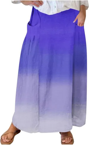 Women Maxi Skirt Gradient Color Loose Fit Stretchy Summer Skirt with Pockets Pleated Comfy Trendy 2025 Casual Skirt
