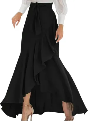 Women Maxi Skirts Flowy Asymmetrical Hem High Waisted Ruffle Tie-up Elastic Irregular Fishtail Long Skirt with Belt
