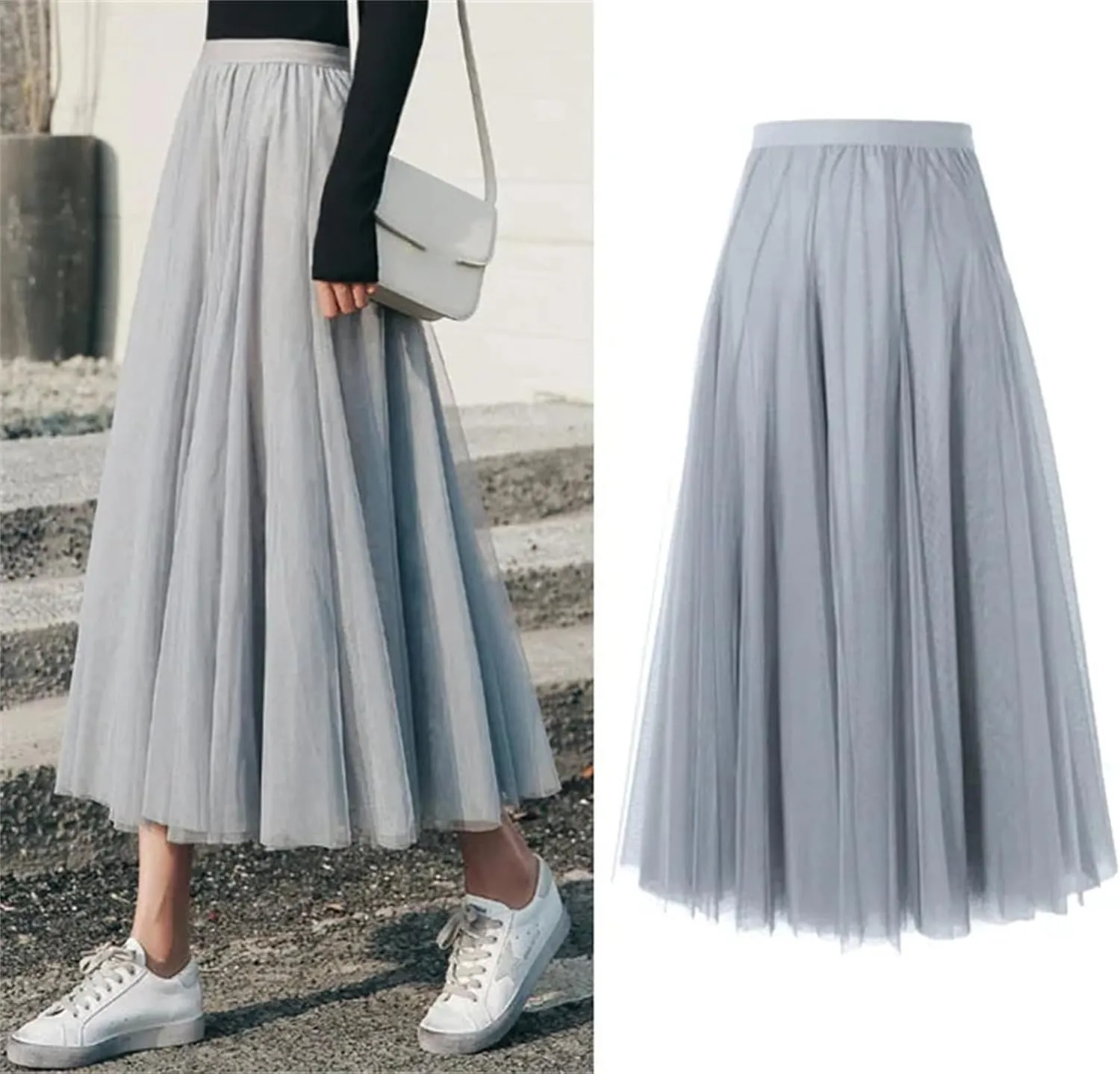 Women Mesh Elastic High Waist Long Skirt Elegant Pleated Skirt Midi Skirt