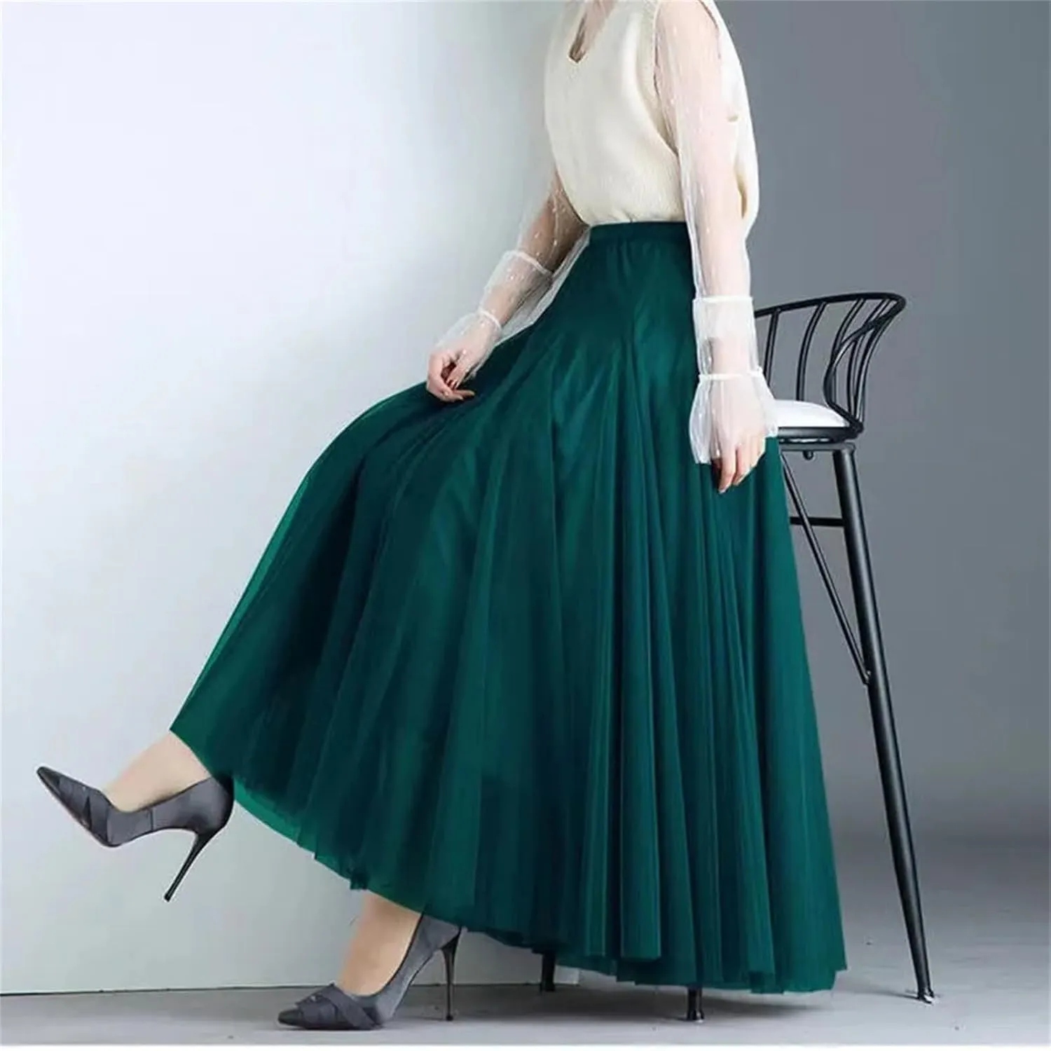 Women Mesh Elastic High Waist Long Skirt Elegant Pleated Skirt Midi Skirt