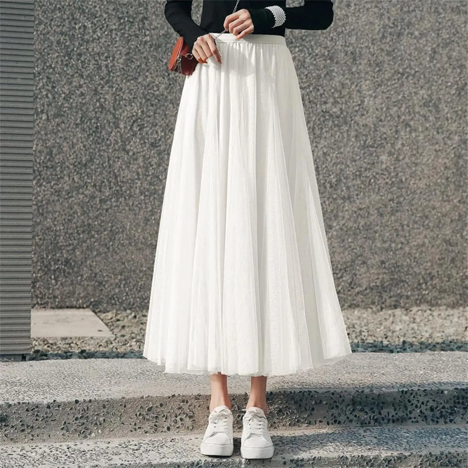 Women Mesh Elastic High Waist Long Skirt Elegant Pleated Skirt Midi Skirt