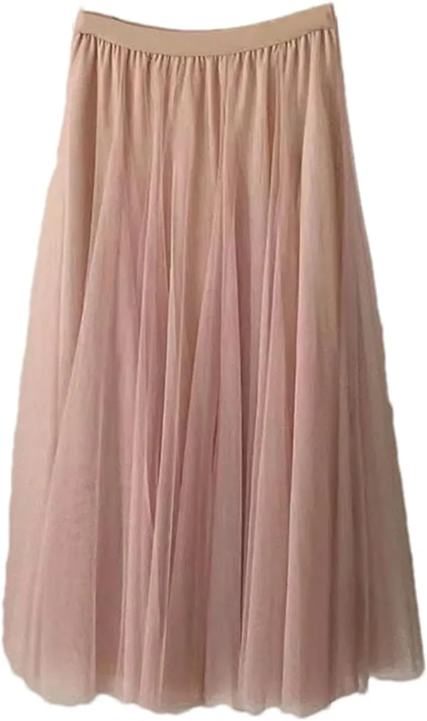 Women Mesh Elastic High Waist Long Skirt Elegant Pleated Skirt Midi Skirt