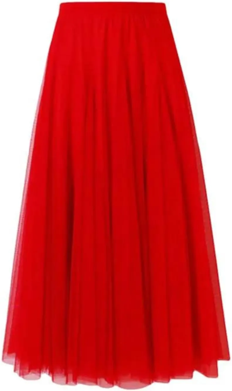 Women Mesh Elastic High Waist Long Skirt Elegant Pleated Skirt Midi Skirt