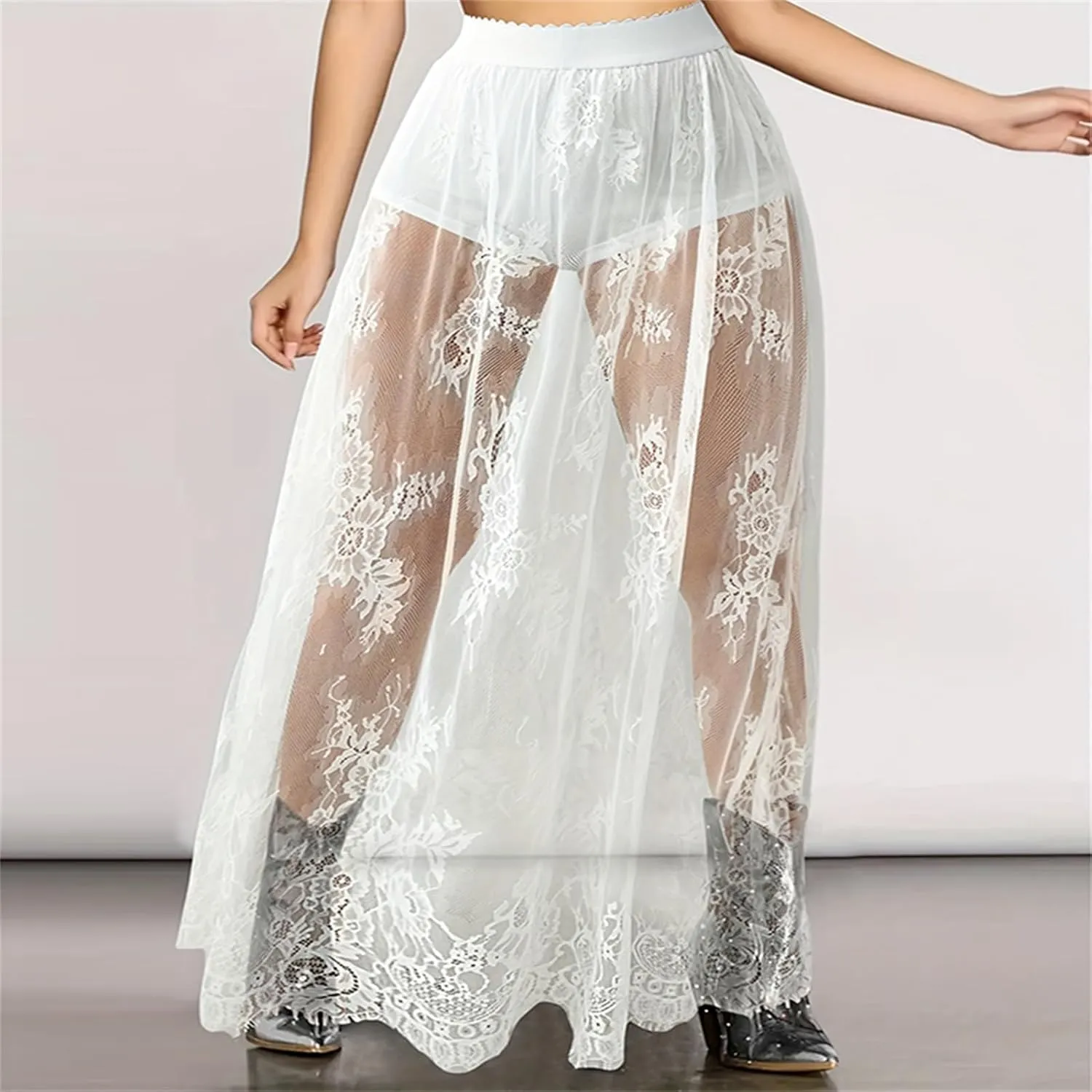 Women Mesh Lace Long Skirt Elastic High Waist See Through Aline Midi Sheer Skirt Floral Lace Flowy Maxi Skirt