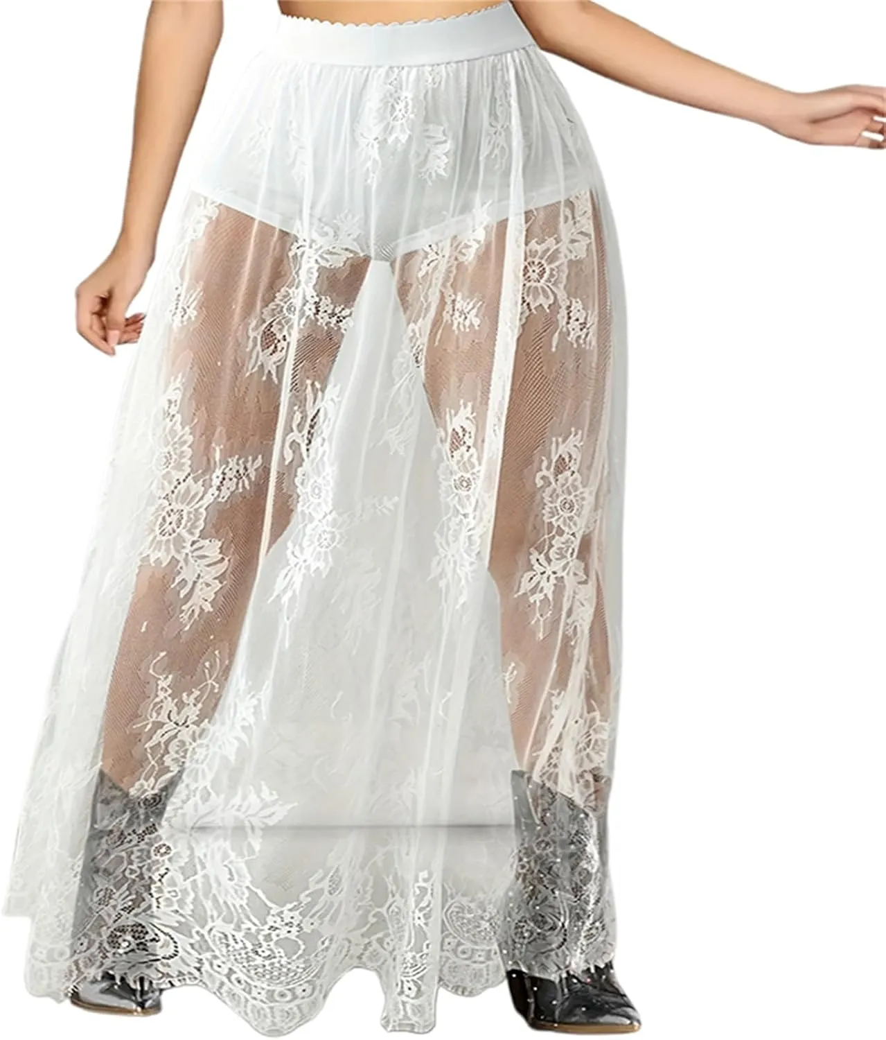 Women Mesh Lace Long Skirt Elastic High Waist See Through Aline Midi Sheer Skirt Floral Lace Flowy Maxi Skirt
