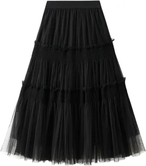Women Mid Length Skirt Dance Party A Line High Waisted Ruffles Tulle Skirt Holiday Party Costume Half Skirt Women