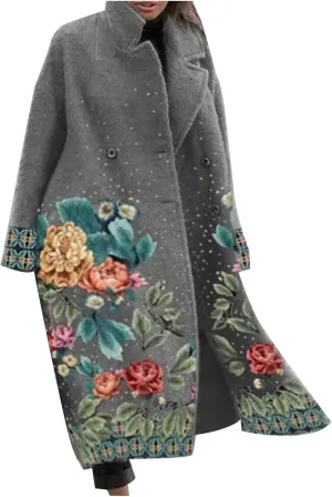 Women Oversized Pea Coat Open Front Button Nocthed Lapel Long Trench Coat Long Sleeve Wool Blend Floral Print Vintage Outwear