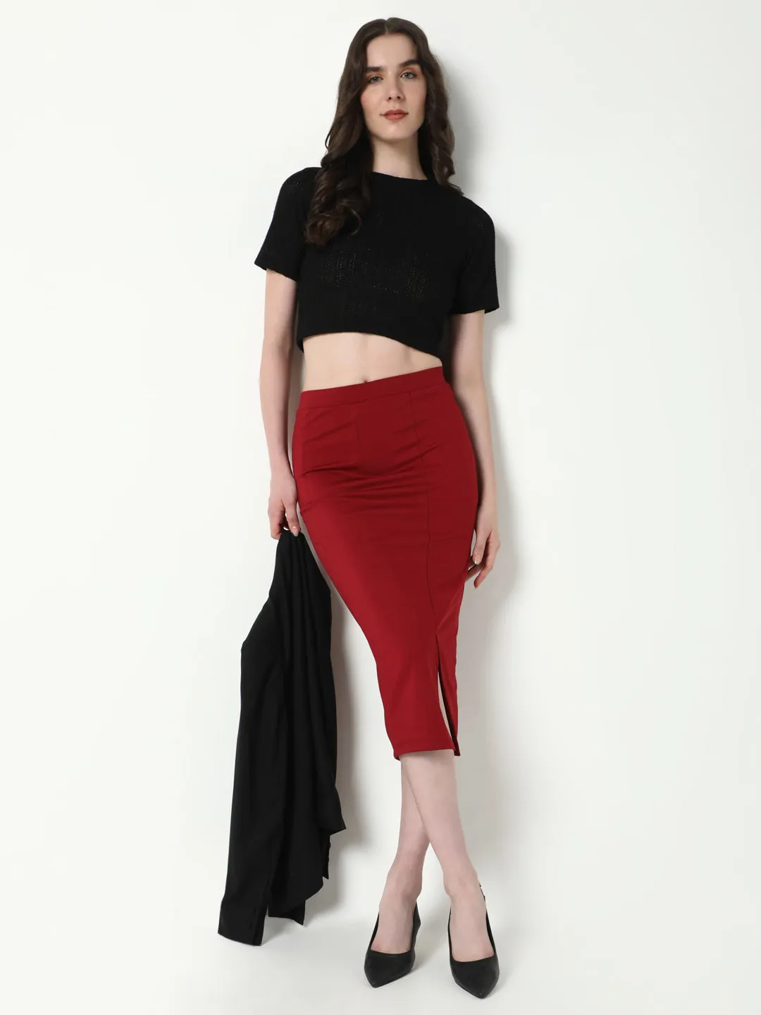 Women Red Pencil Midi Skirts