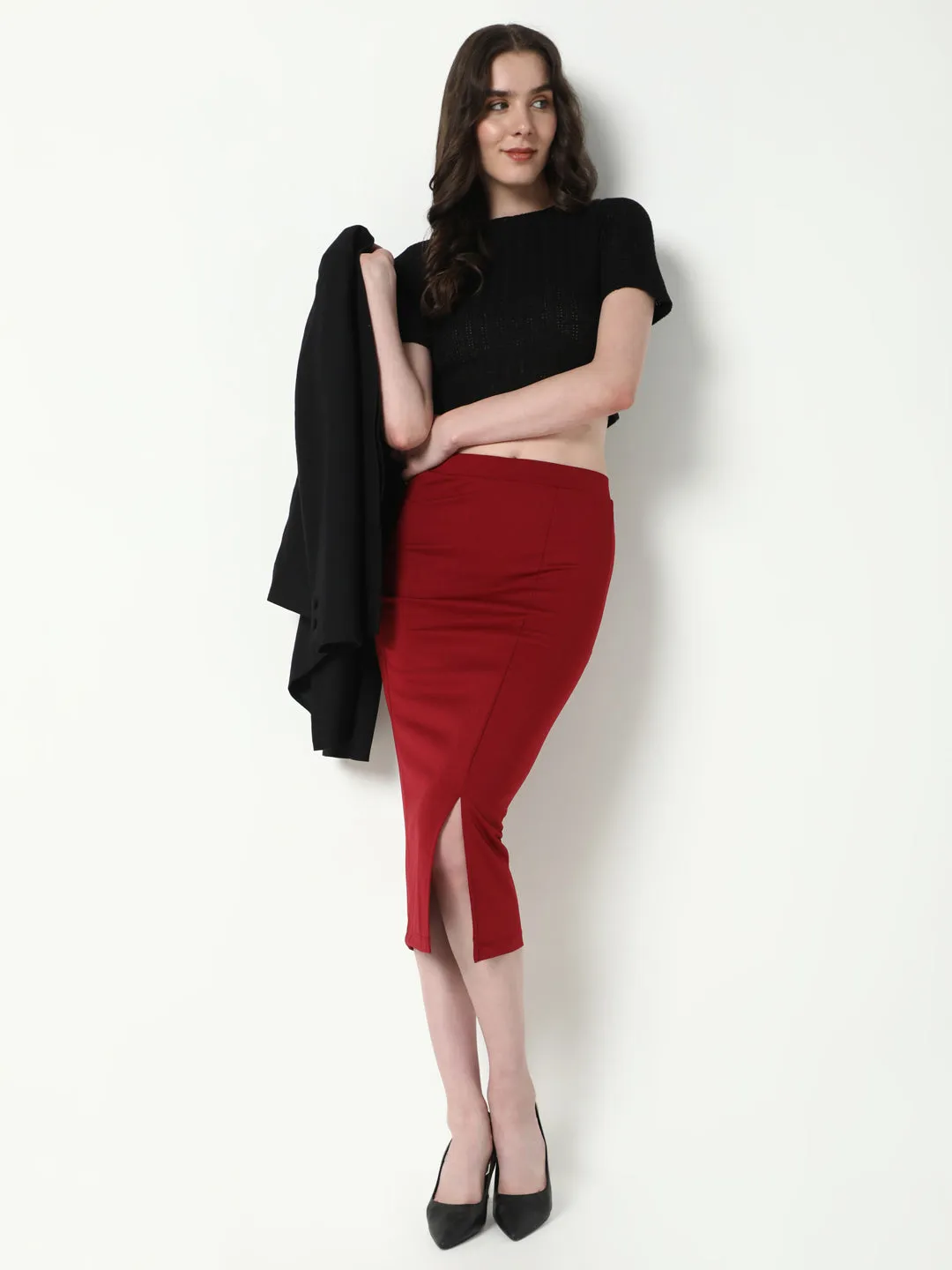 Women Red Pencil Midi Skirts