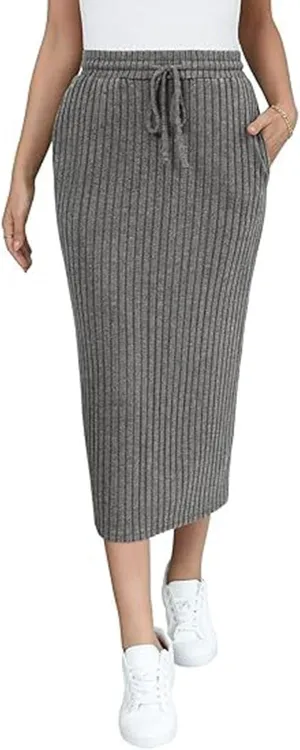 Women Ribbed Knit Bodycon Midi Skirt Drawstring High Waisted Pencil Skirts Dressy Casual Slim Long Skirt with Pocket