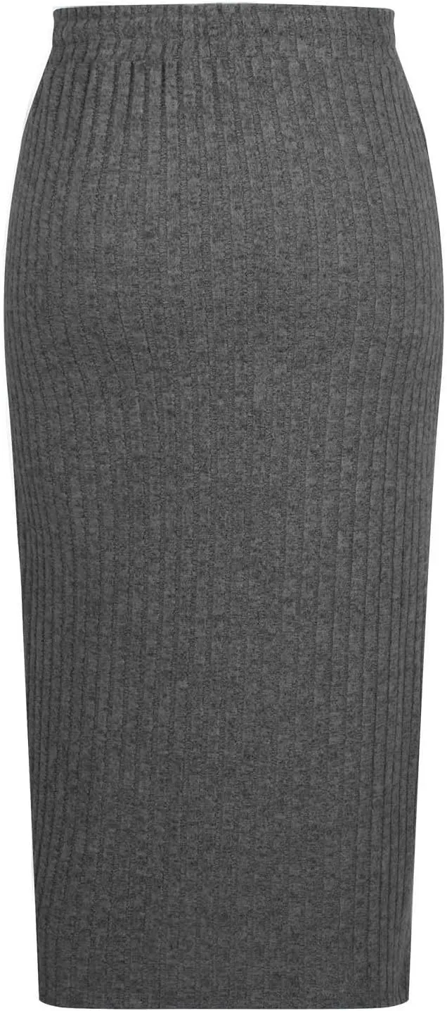 Women Ribbed Knit Bodycon Midi Skirt Drawstring High Waisted Pencil Skirts Dressy Casual Slim Long Skirt with Pocket