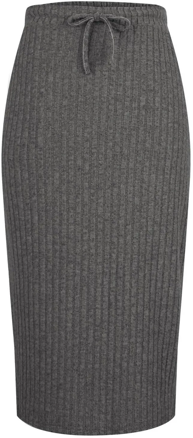 Women Ribbed Knit Bodycon Midi Skirt Drawstring High Waisted Pencil Skirts Dressy Casual Slim Long Skirt with Pocket