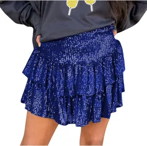 Women Sequin Skirt Sparkly Cute High Waist Ruffle Flowy Shiny Glitter Y2K Mini Short Skirts Night Out Club Party