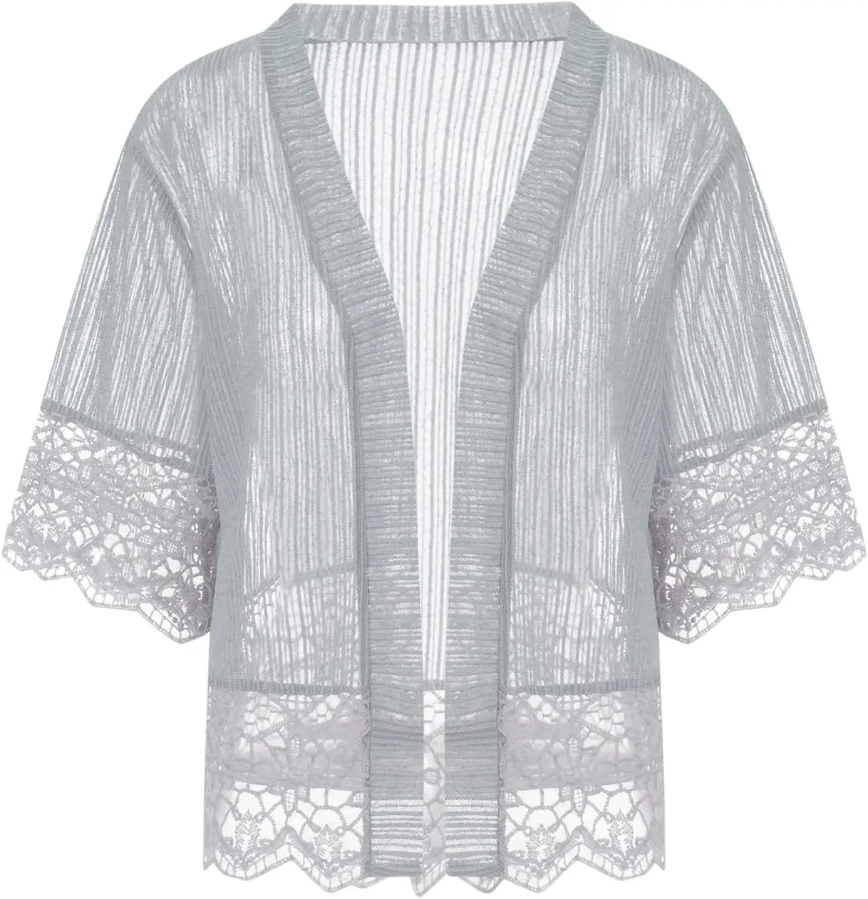Women Solid Color Lace Cardigan Open Front Shrug Hollow Patchwork Sheer Short Sleeve Bolero Cover-Up Blouse Tops