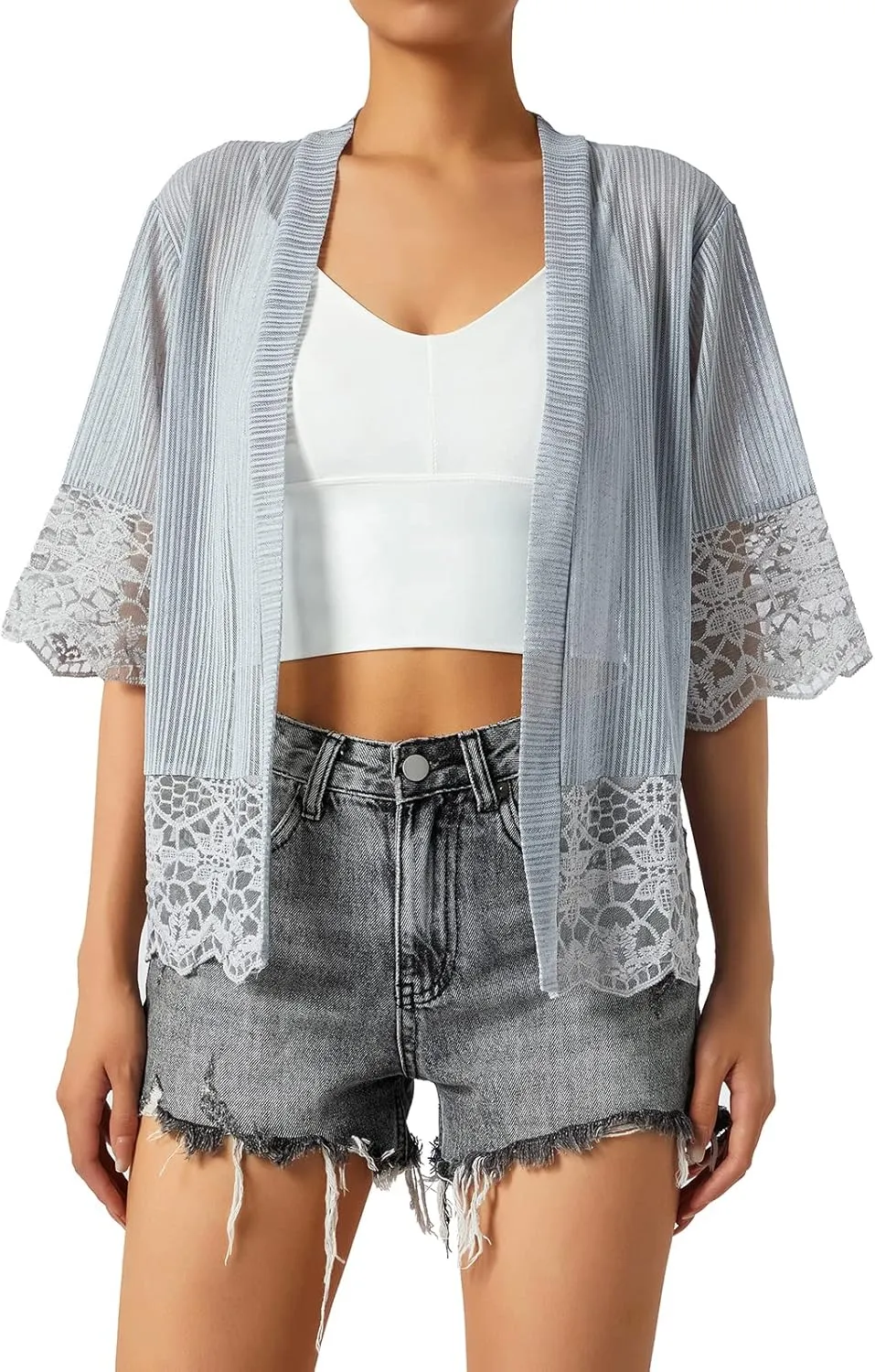 Women Solid Color Lace Cardigan Open Front Shrug Hollow Patchwork Sheer Short Sleeve Bolero Cover-Up Blouse Tops