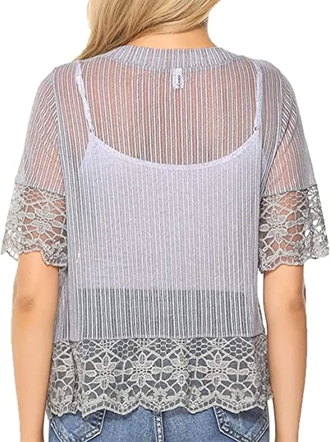 Women Solid Color Lace Cardigan Open Front Shrug Hollow Patchwork Sheer Short Sleeve Bolero Cover-Up Blouse Tops