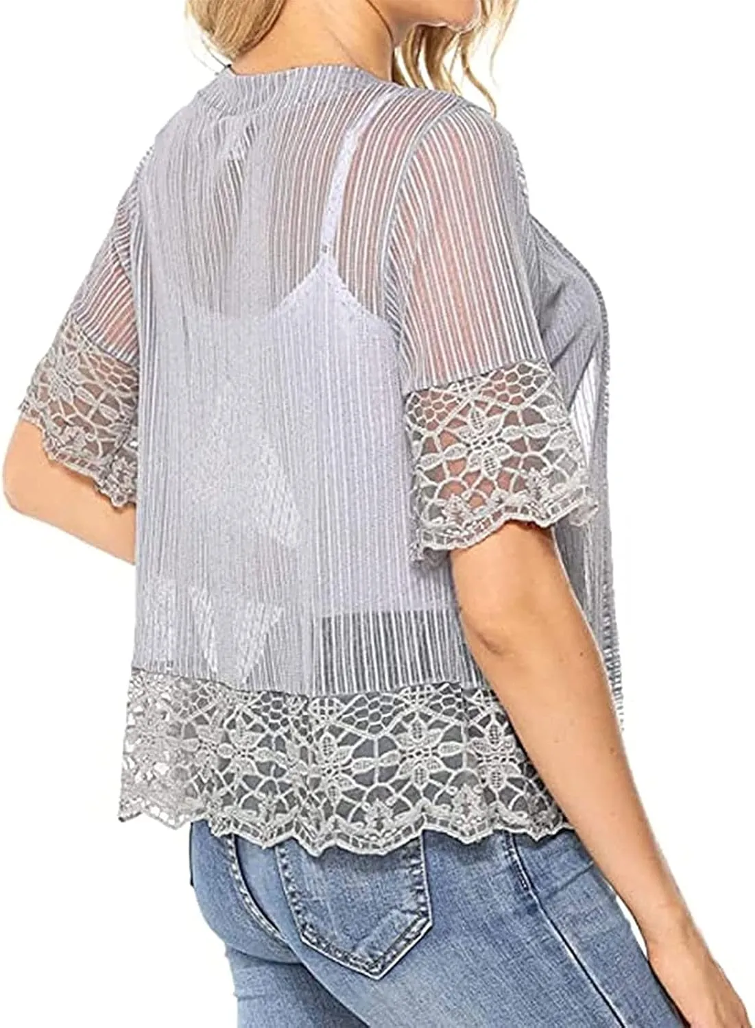Women Solid Color Lace Cardigan Open Front Shrug Hollow Patchwork Sheer Short Sleeve Bolero Cover-Up Blouse Tops