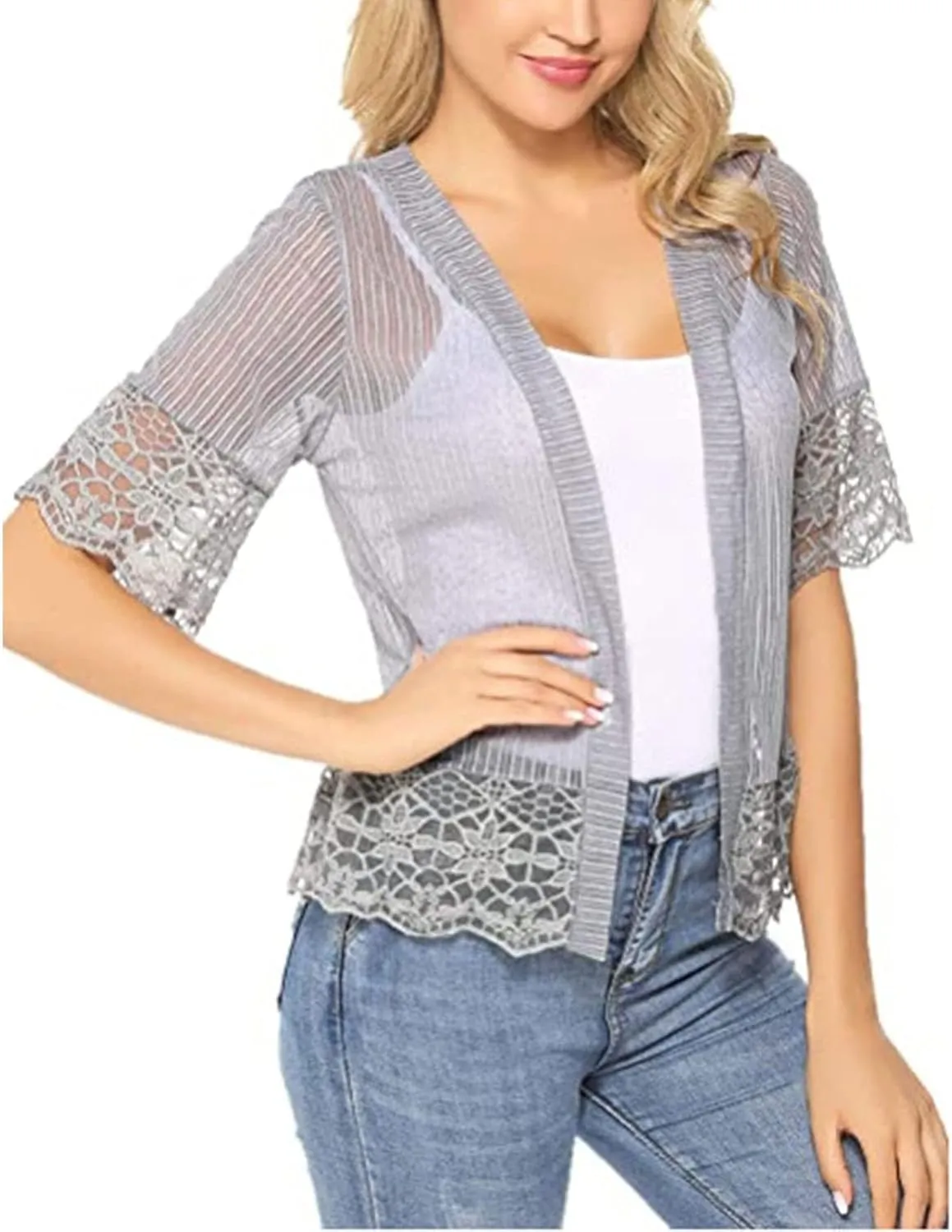 Women Solid Color Lace Cardigan Open Front Shrug Hollow Patchwork Sheer Short Sleeve Bolero Cover-Up Blouse Tops