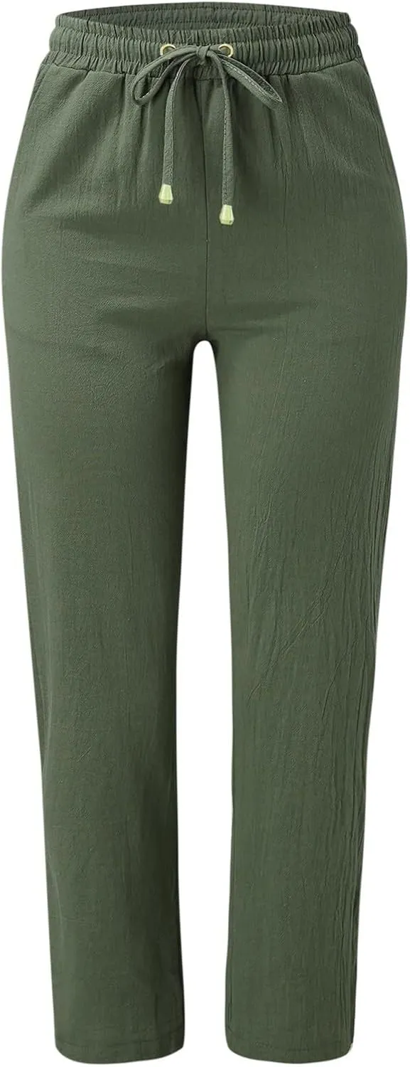 Women Straight Leg Pants Linen Cotton Drawstring Elastic Waist Summer Trousers Casual Loose Lounge Pants with Pockets