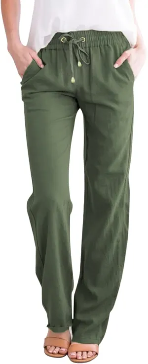 Women Straight Leg Pants Linen Cotton Drawstring Elastic Waist Summer Trousers Casual Loose Lounge Pants with Pockets