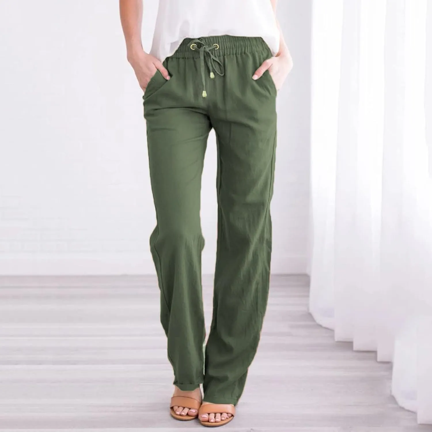 Women Straight Leg Pants Linen Cotton Drawstring Elastic Waist Summer Trousers Casual Loose Lounge Pants with Pockets