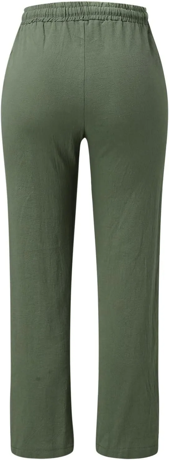 Women Straight Leg Pants Linen Cotton Drawstring Elastic Waist Summer Trousers Casual Loose Lounge Pants with Pockets