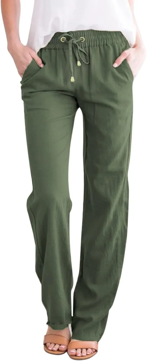Women Straight Leg Pants Linen Cotton Drawstring Elastic Waist Summer Trousers Casual Loose Lounge Pants with Pockets