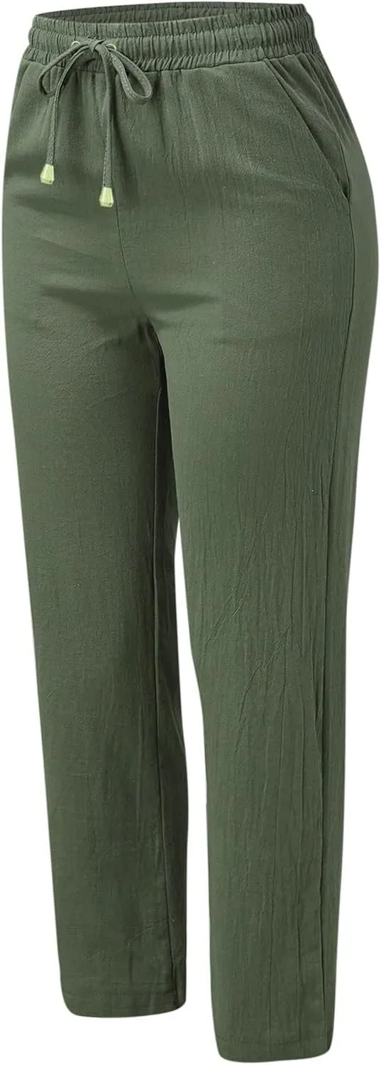 Women Straight Leg Pants Linen Cotton Drawstring Elastic Waist Summer Trousers Casual Loose Lounge Pants with Pockets
