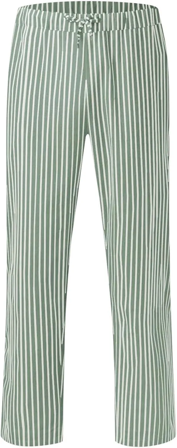 Women Stripe Casual Cotton Linen Pants, Drawstring Loose Straight Leg Pants Fashion Work Office Summer Pockets Trousers