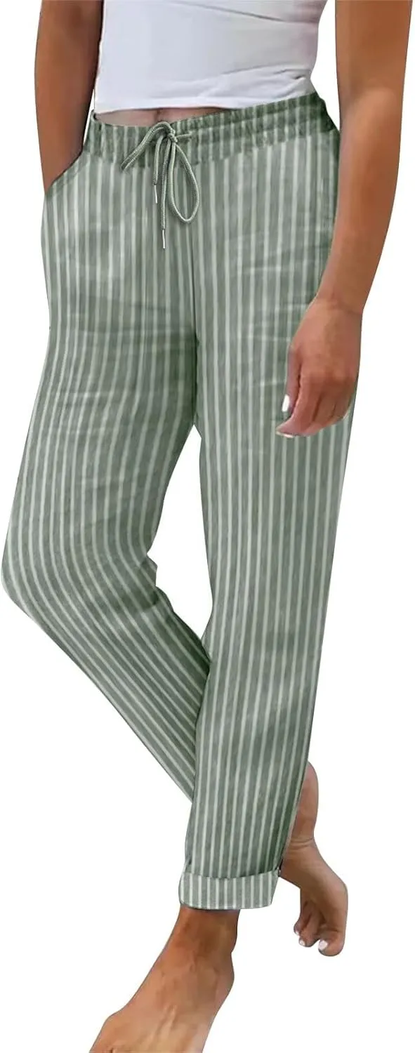 Women Stripe Casual Cotton Linen Pants, Drawstring Loose Straight Leg Pants Fashion Work Office Summer Pockets Trousers