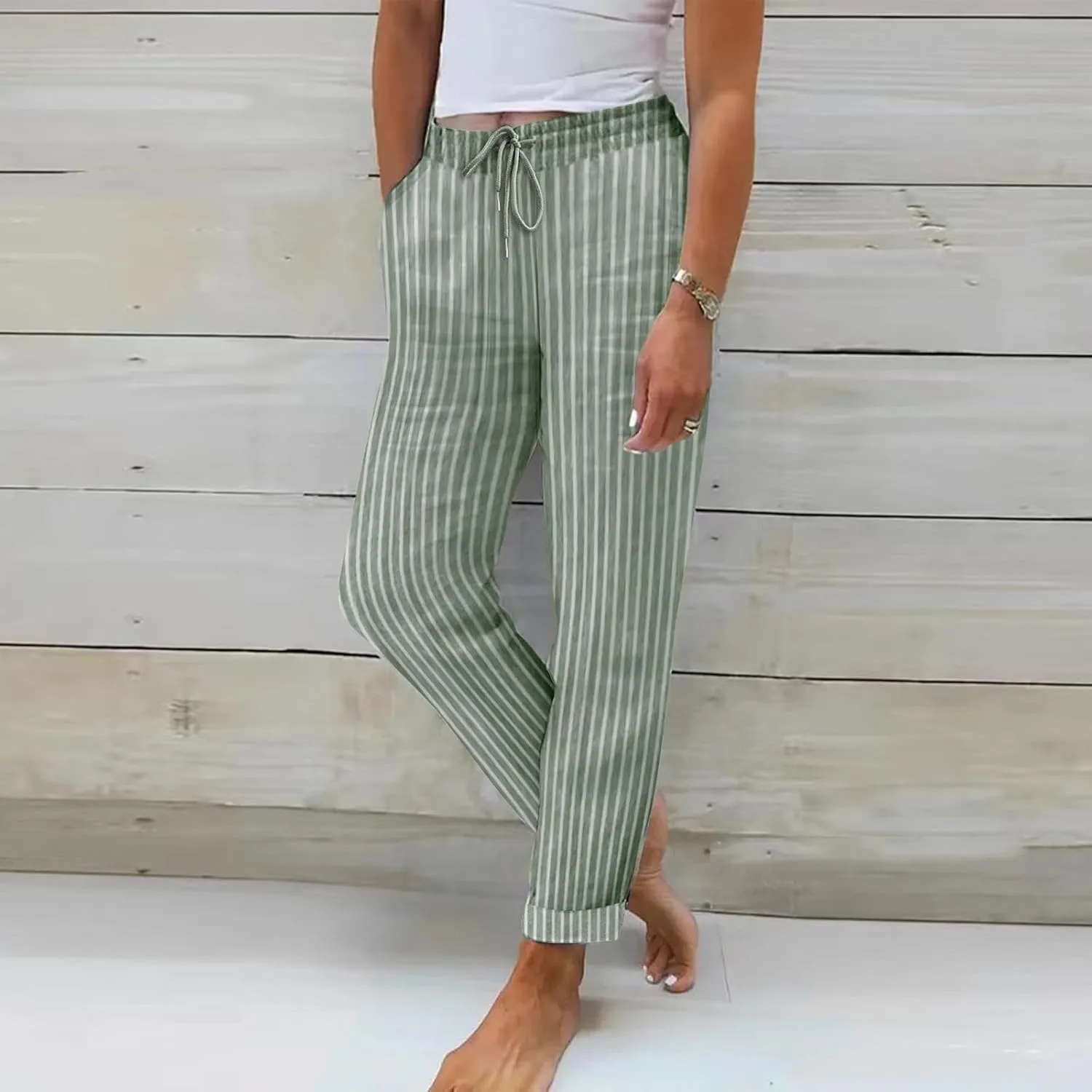 Women Stripe Casual Cotton Linen Pants, Drawstring Loose Straight Leg Pants Fashion Work Office Summer Pockets Trousers