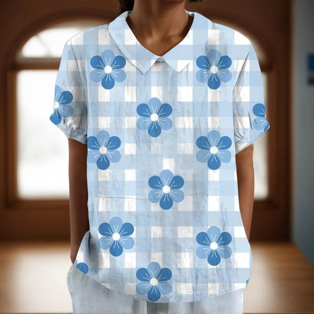 Women Summer Floral Print Cotton Linen Top Casual Boho Short Sleeve Crewneck T Shirt Loose Dressy Blouse Tunic 2025