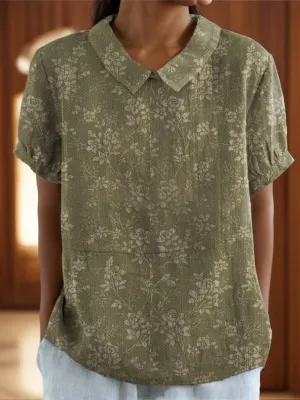 Women Summer Floral Print Cotton Linen Top Casual Boho Short Sleeve Crewneck T Shirt Loose Dressy Blouse Tunic 2025