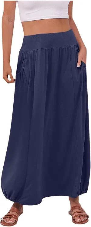 Women Summer Long Maxi Skirts Elastic High Waisted Ankle Length Boho Skirt 2025 Trendy Vacation Dress with Pockets