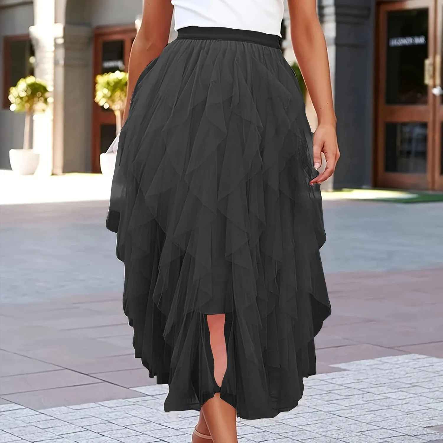 Women Tulle Midi Skirts High Waisted Fairy Party Skirt Puffy Ruffle Dress Asymmetrical Layered Hem Clothes