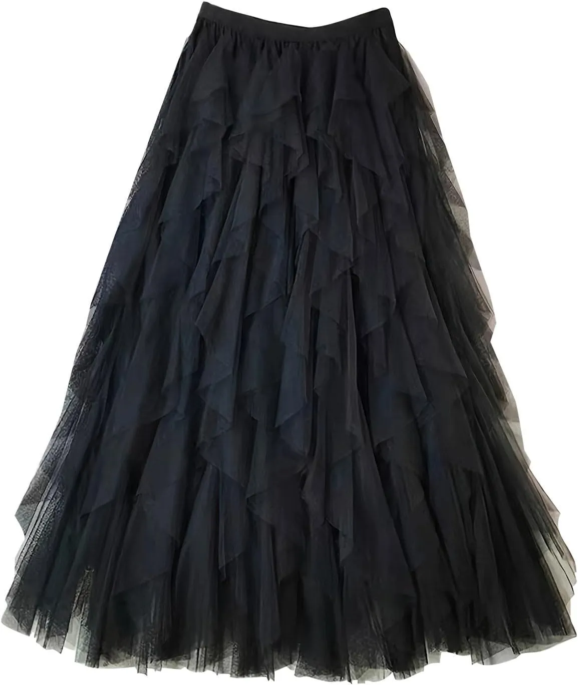 Women Tulle Midi Skirts High Waisted Fairy Party Skirt Puffy Ruffle Dress Asymmetrical Layered Hem Clothes
