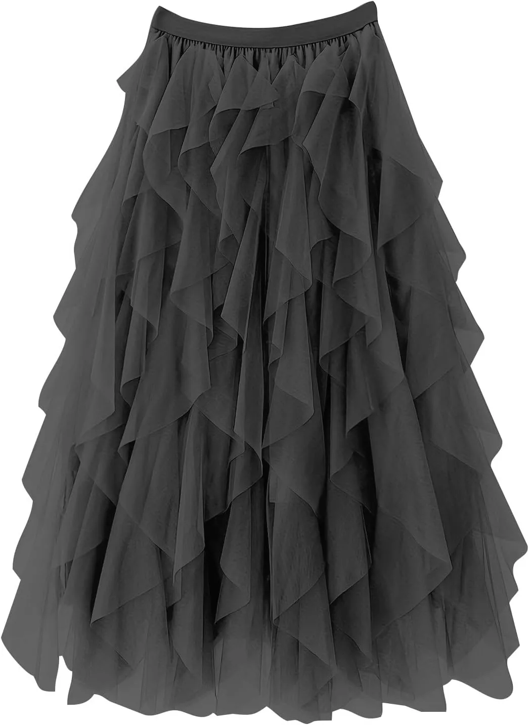 Women Tulle Midi Skirts High Waisted Fairy Party Skirt Puffy Ruffle Dress Asymmetrical Layered Hem Clothes