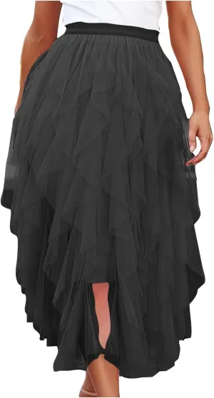 Women Tulle Midi Skirts High Waisted Fairy Party Skirt Puffy Ruffle Dress Asymmetrical Layered Hem Clothes