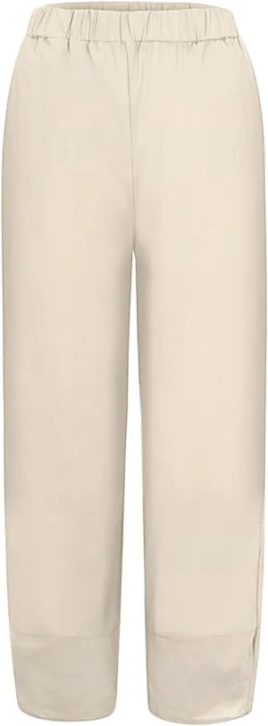 Women Wide Leg Cotton Linen Capris Summer Elastic Waist Casual Pants Baggy Brethable Palazzo Cropped Trousers with Pockets