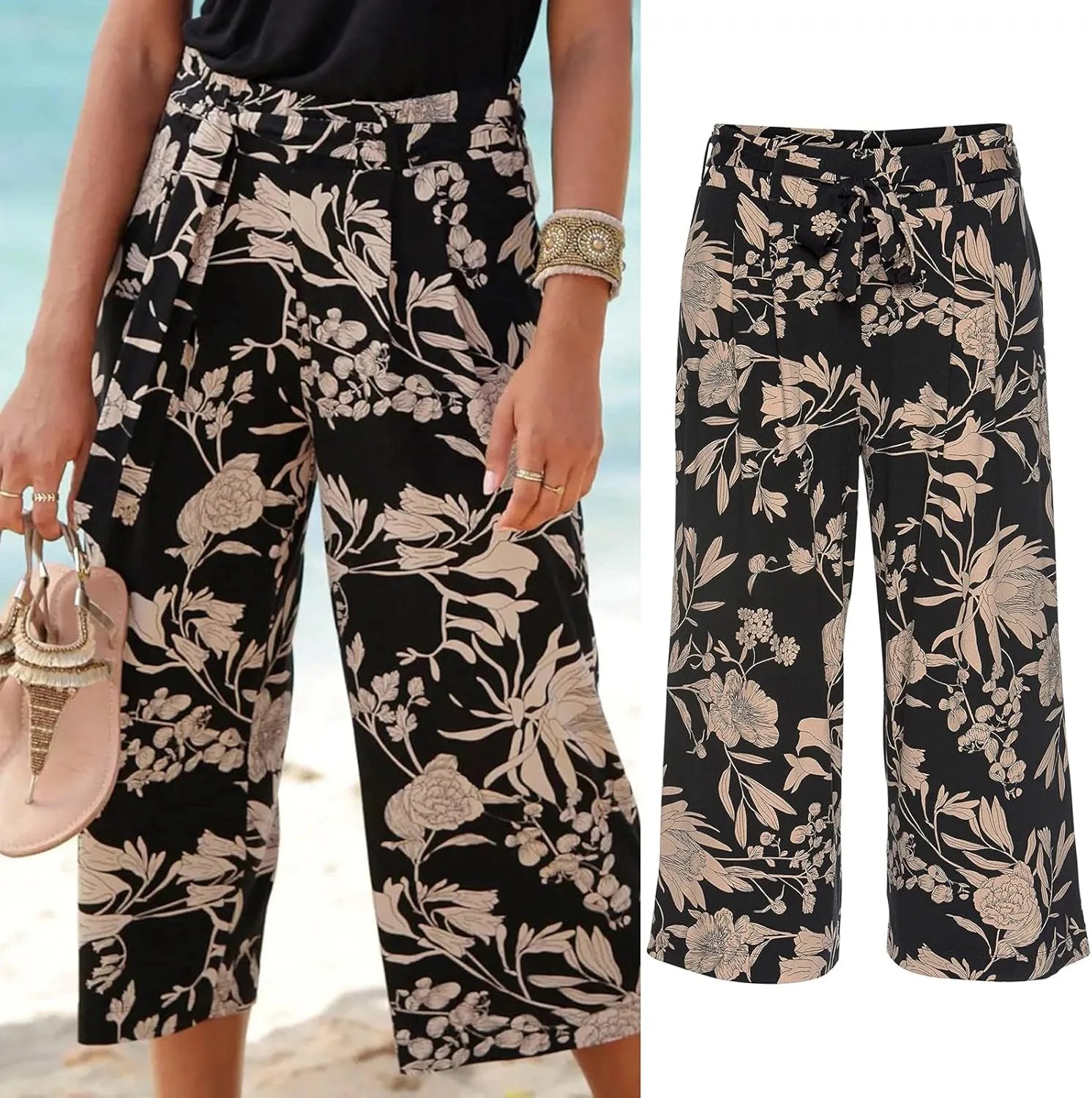 Women Wide Leg High Waist Drawstring Palazzo Pants Casual Summer Flowy Boho Beach Harem Slacks Printed Linen Trousers