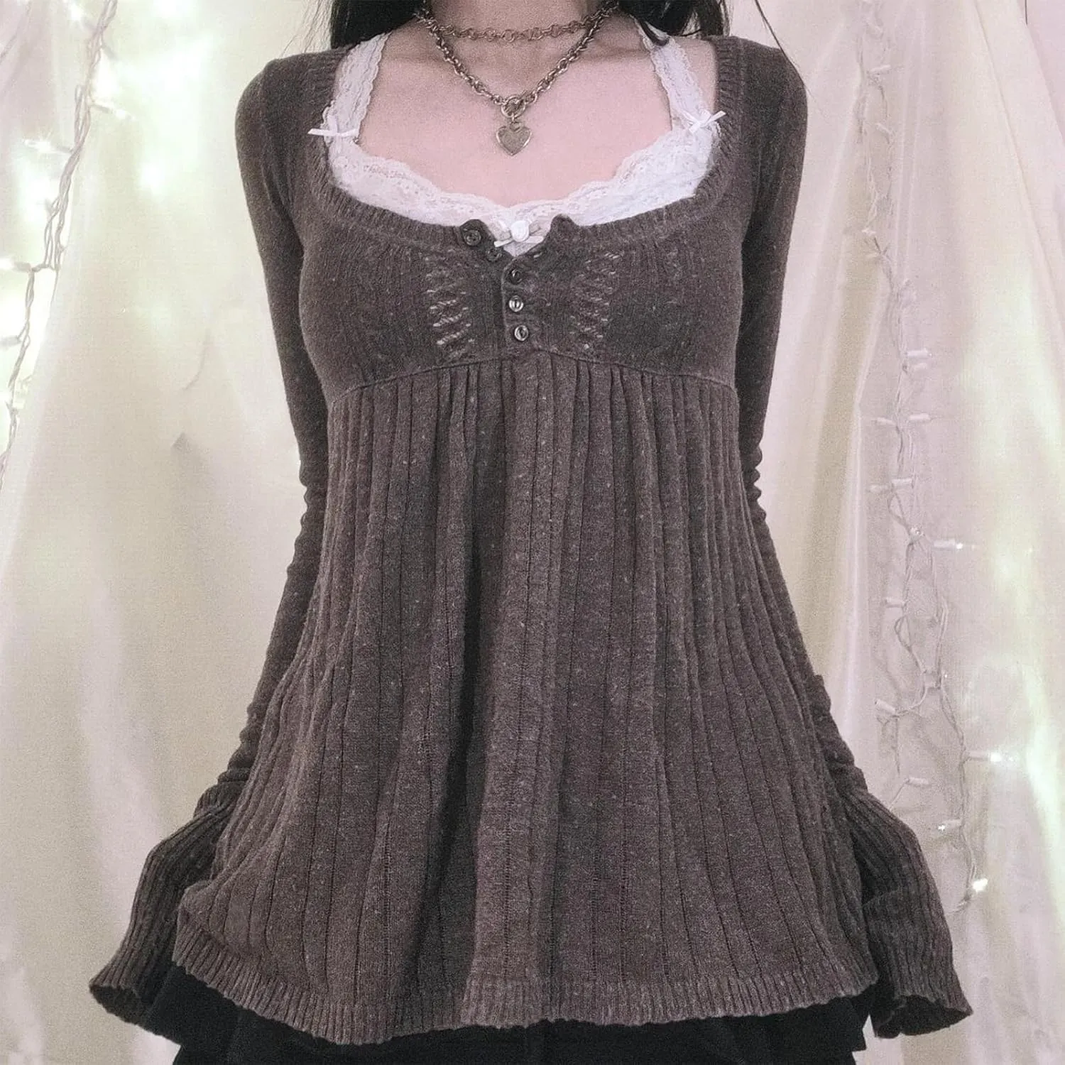 Women Y2K Babydoll Sweater Flare Hem Fairycore Shirt Blouse Long Sleeve Scoop Neck Sweet Cute Knit Top 2000s