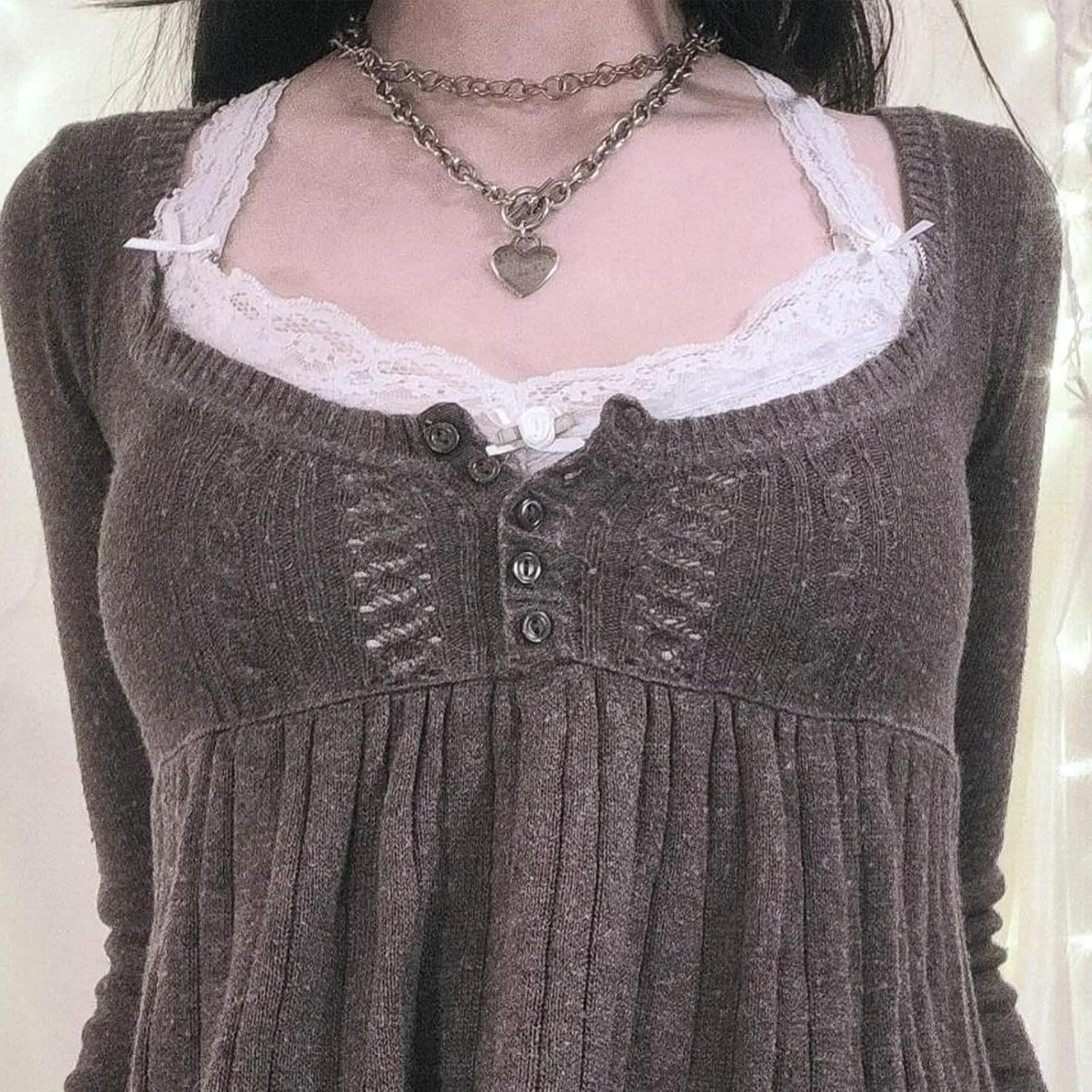 Women Y2K Babydoll Sweater Flare Hem Fairycore Shirt Blouse Long Sleeve Scoop Neck Sweet Cute Knit Top 2000s