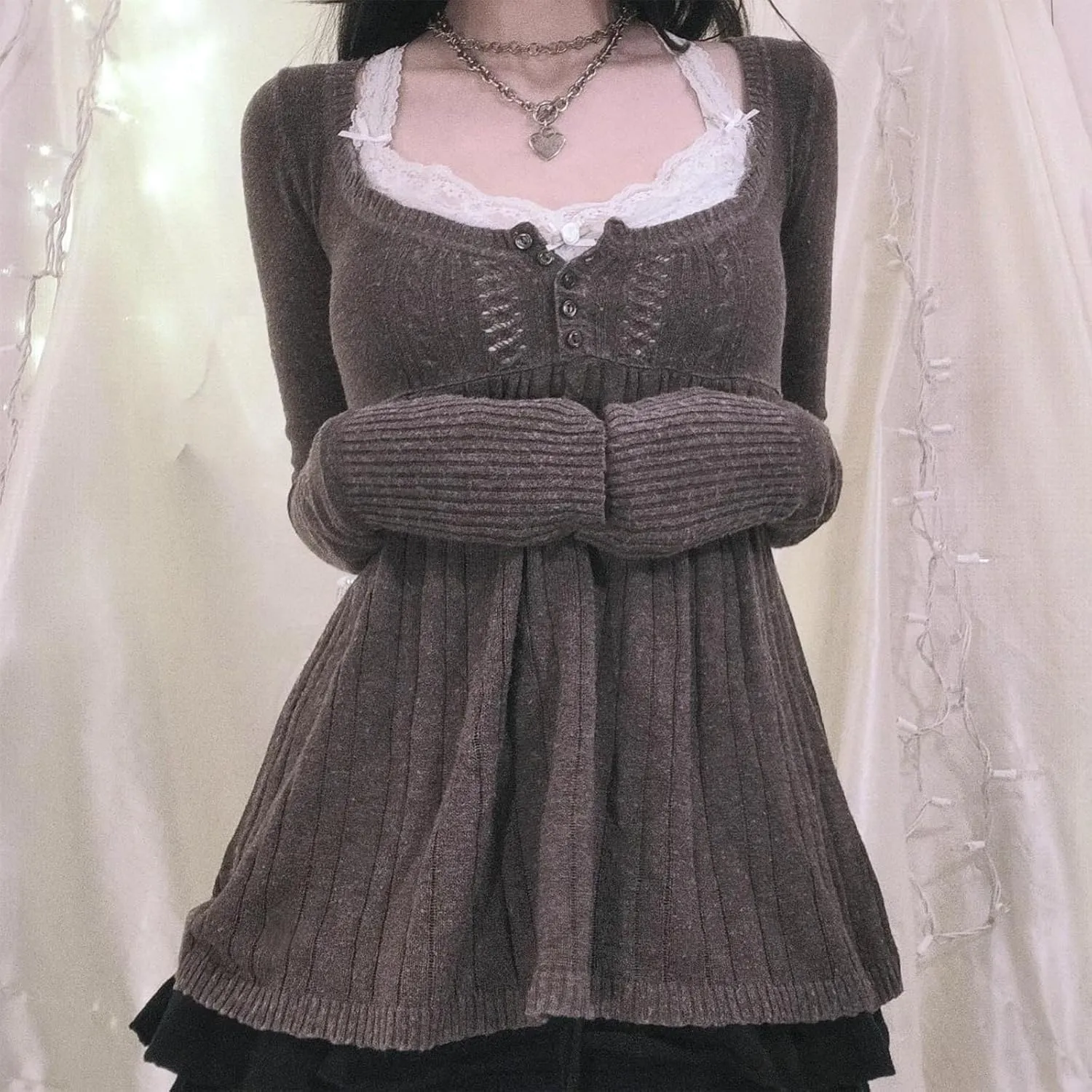 Women Y2K Babydoll Sweater Flare Hem Fairycore Shirt Blouse Long Sleeve Scoop Neck Sweet Cute Knit Top 2000s