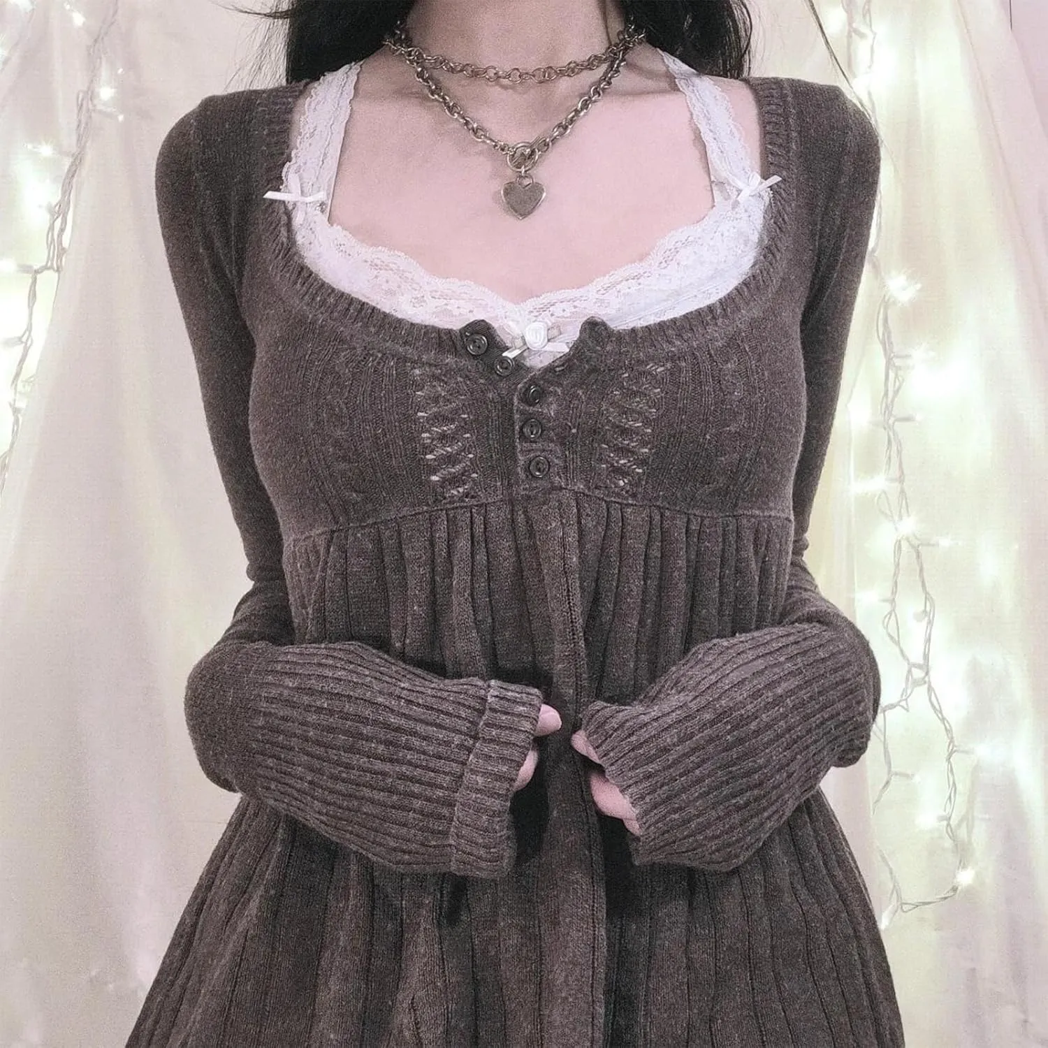 Women Y2K Babydoll Sweater Flare Hem Fairycore Shirt Blouse Long Sleeve Scoop Neck Sweet Cute Knit Top 2000s