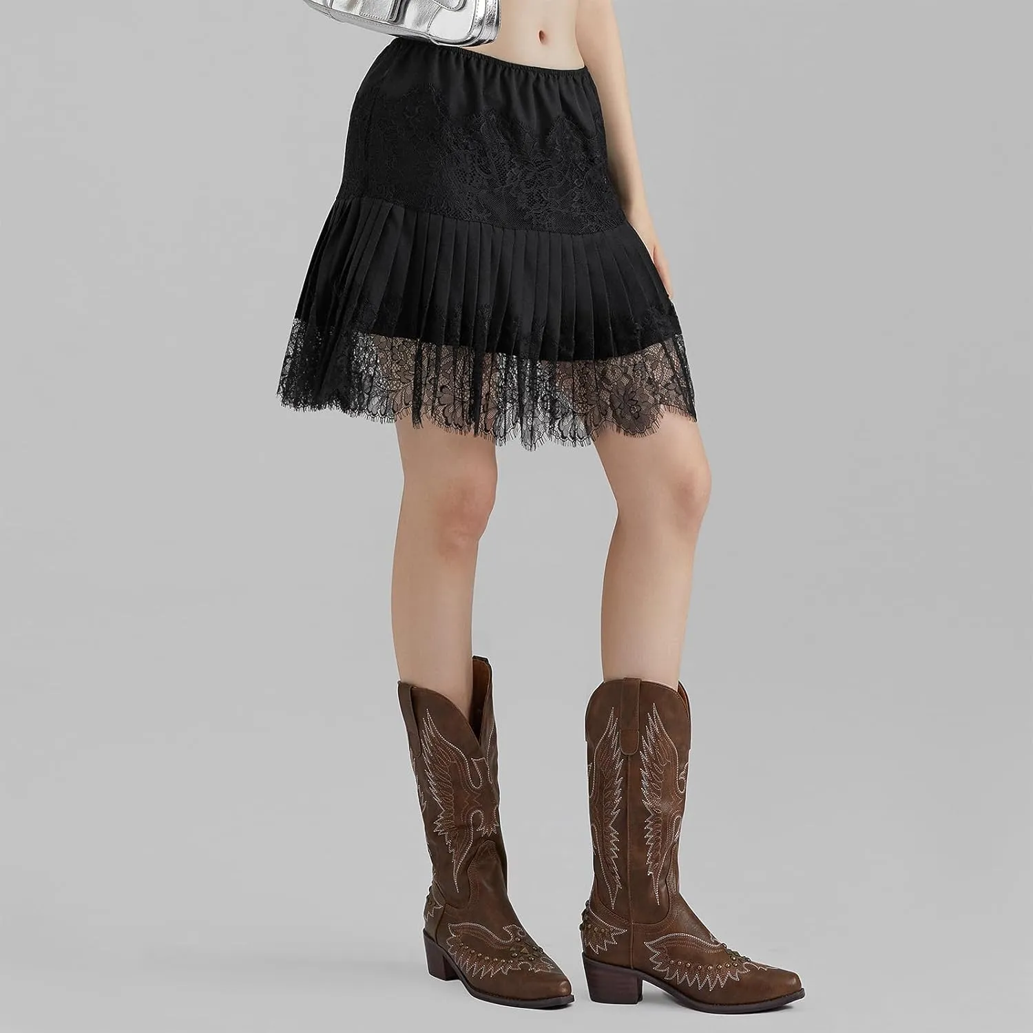 Women Y2K Black White Lace Mini Skirt Low Rise Half Slip Underskirt Ruffle Pleated Layered Flowy Short Skirts